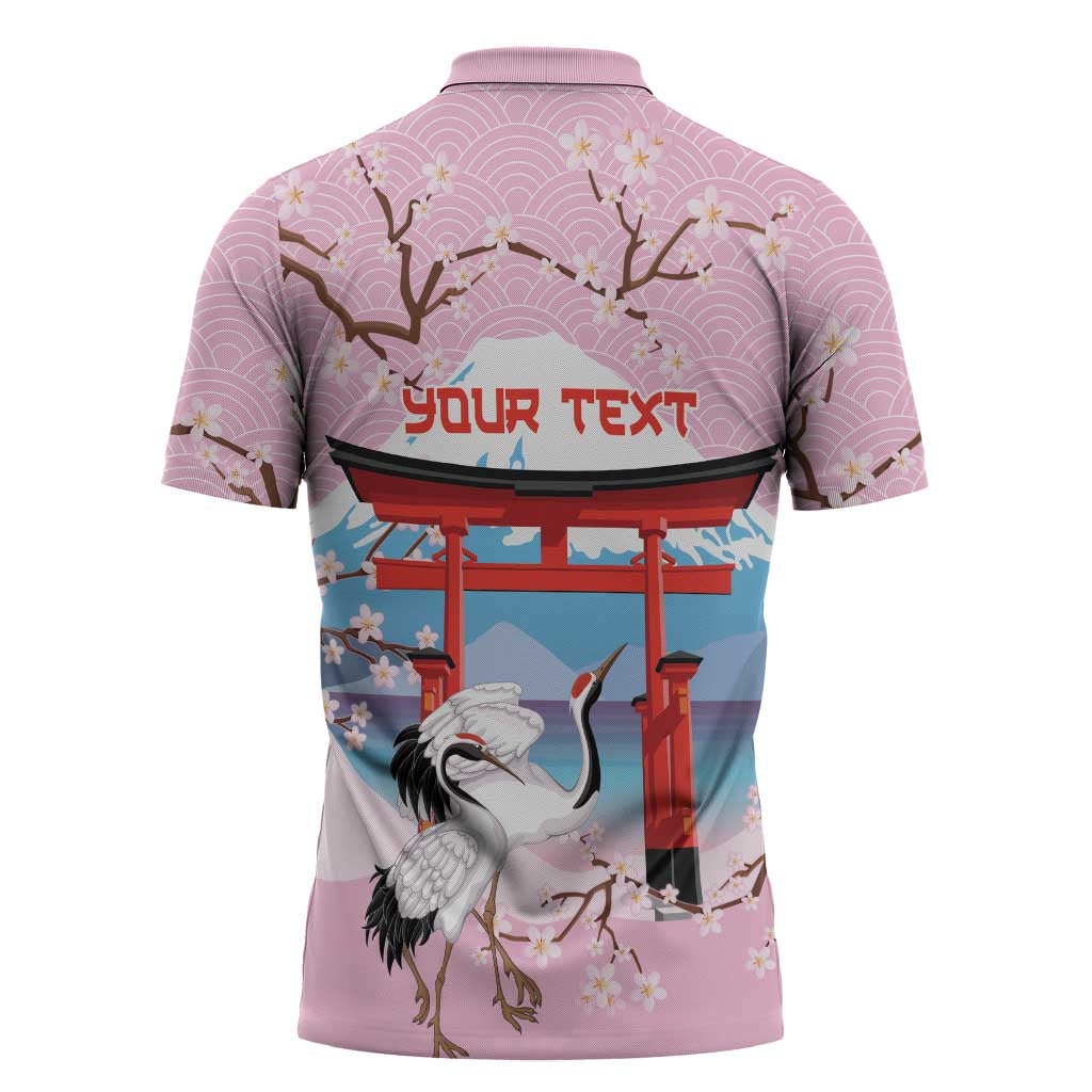 Japanese Torii Gate Cranes Personalised Zipper Polo Shirt Fuji Mount Sakura Seigaiha Pattern