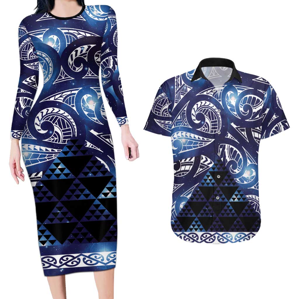 Matariki New Zealand Couples Matching Long Sleeve Bodycon Dress and Hawaiian Shirt NZ Niho Taniwha Maori New Year Blue Galaxy LT14 Blue - Polynesian Pride