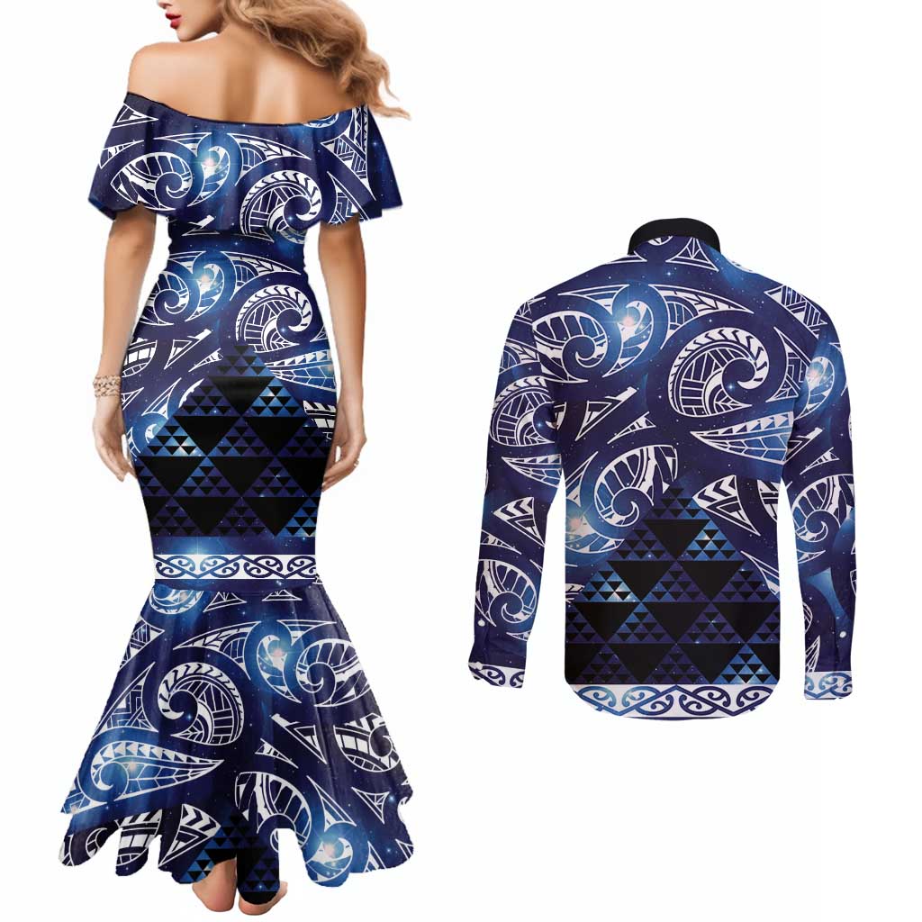 Matariki New Zealand Couples Matching Mermaid Dress and Long Sleeve Button Shirt NZ Niho Taniwha Maori New Year Blue Galaxy LT14 - Polynesian Pride