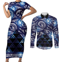 Matariki New Zealand Couples Matching Short Sleeve Bodycon Dress and Long Sleeve Button Shirt NZ Niho Taniwha Maori New Year Blue Galaxy LT14 Blue - Polynesian Pride