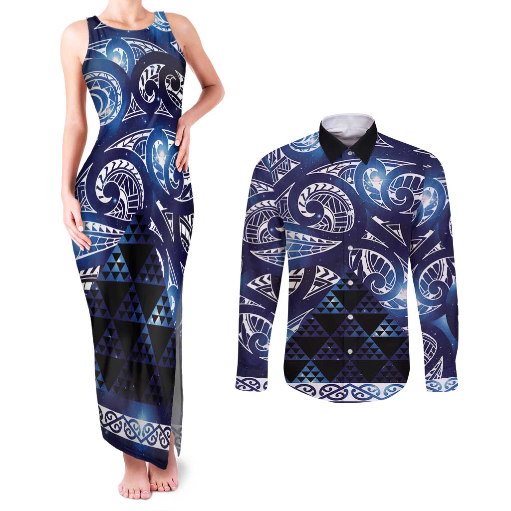 Matariki New Zealand Couples Matching Tank Maxi Dress and Long Sleeve Button Shirt NZ Niho Taniwha Maori New Year Blue Galaxy LT14 Blue - Polynesian Pride