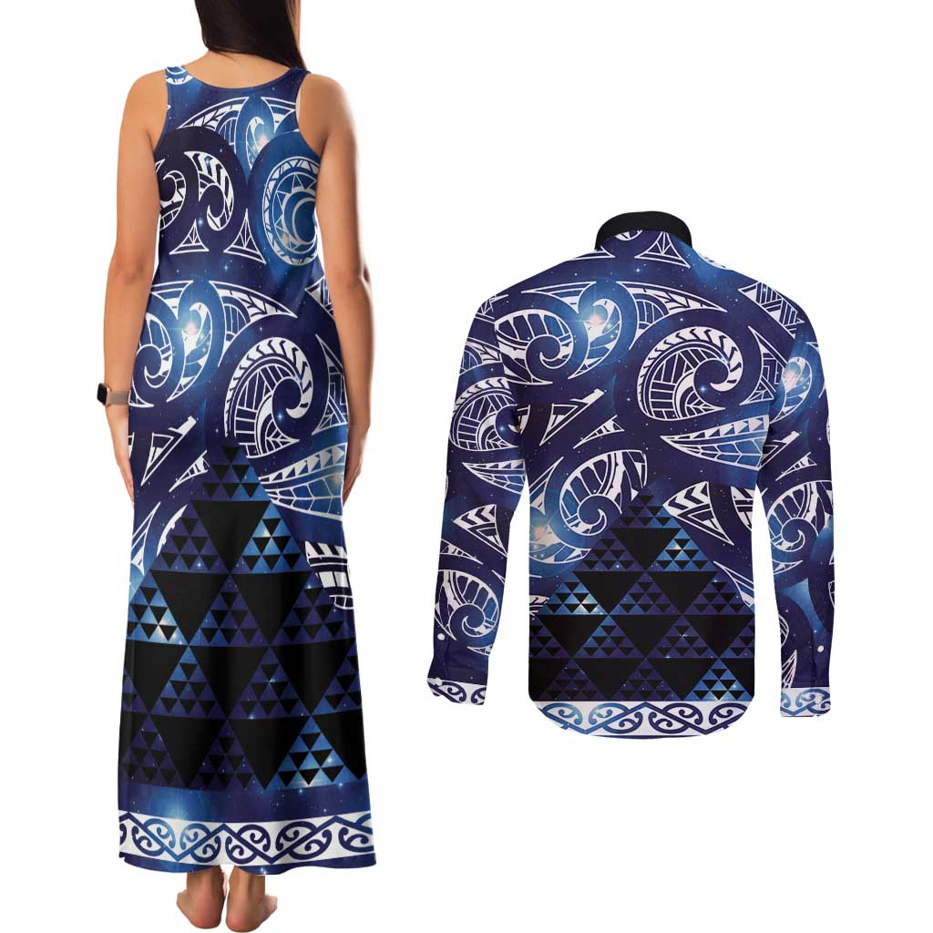 Matariki New Zealand Couples Matching Tank Maxi Dress and Long Sleeve Button Shirt NZ Niho Taniwha Maori New Year Blue Galaxy LT14 - Polynesian Pride