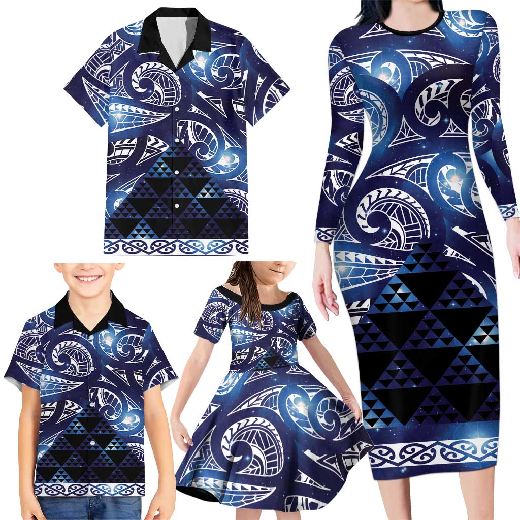 Matariki New Zealand Family Matching Long Sleeve Bodycon Dress and Hawaiian Shirt NZ Niho Taniwha Maori New Year Blue Galaxy LT14 - Polynesian Pride