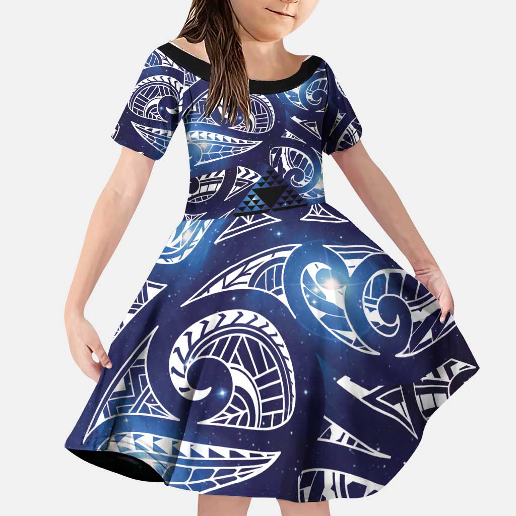 Matariki New Zealand Family Matching Tank Maxi Dress and Hawaiian Shirt NZ Niho Taniwha Maori New Year Blue Galaxy LT14 Daughter's Dress Blue - Polynesian Pride
