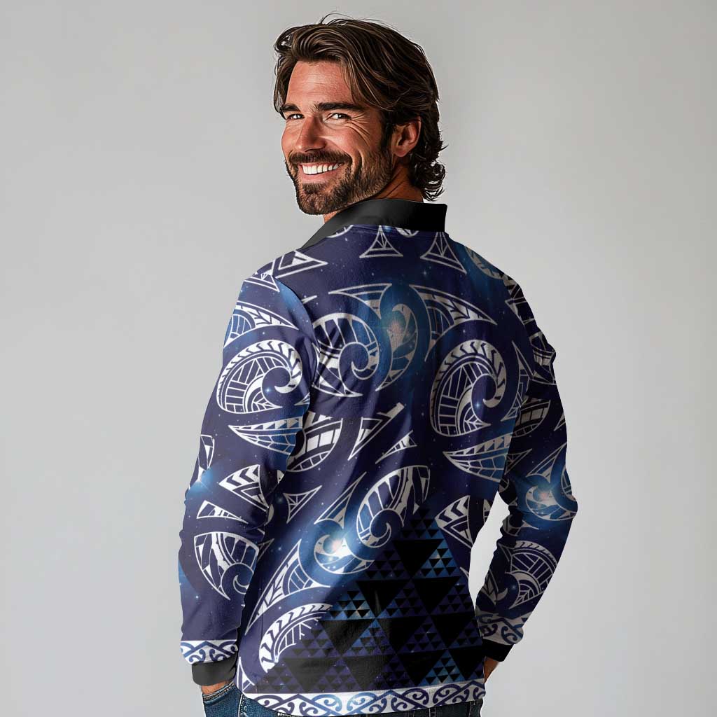 Matariki New Zealand Long Sleeve Polo Shirt NZ Niho Taniwha Maori New Year Blue Galaxy