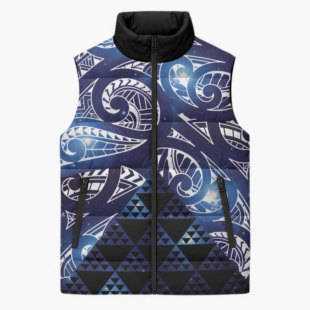 Matariki New Zealand Sleeveless Puffer Jacket NZ Niho Taniwha Maori New Year Blue Galaxy