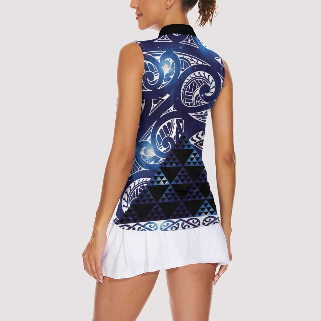 Matariki New Zealand Women Sleeveless Polo Shirt NZ Niho Taniwha Maori New Year Blue Galaxy LT14 - Polynesian Pride