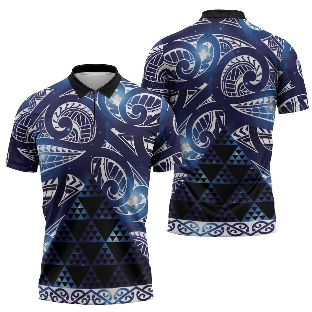 Matariki New Zealand Zipper Polo Shirt NZ Niho Taniwha Maori New Year Blue Galaxy