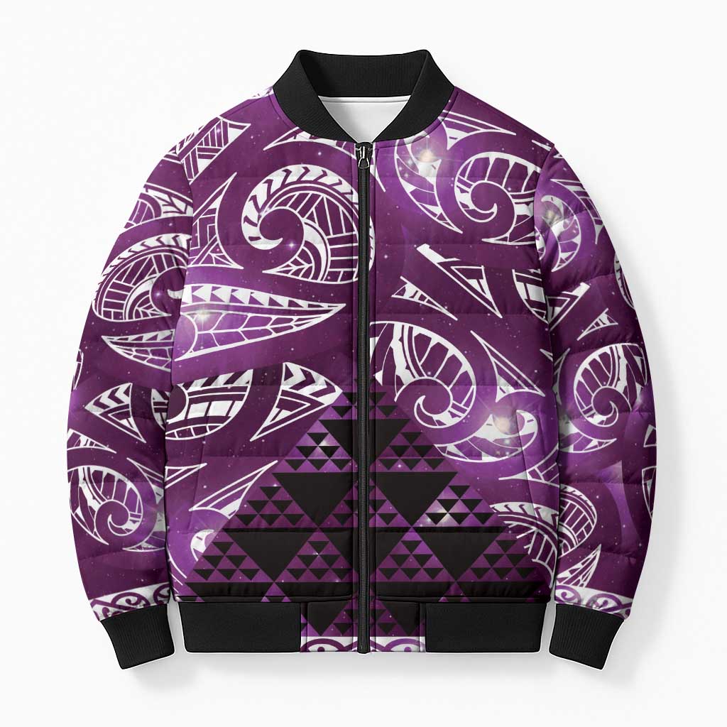 Matariki New Zealand Bomber Puffer Jacket NZ Niho Taniwha Maori New Year Purple Galaxy