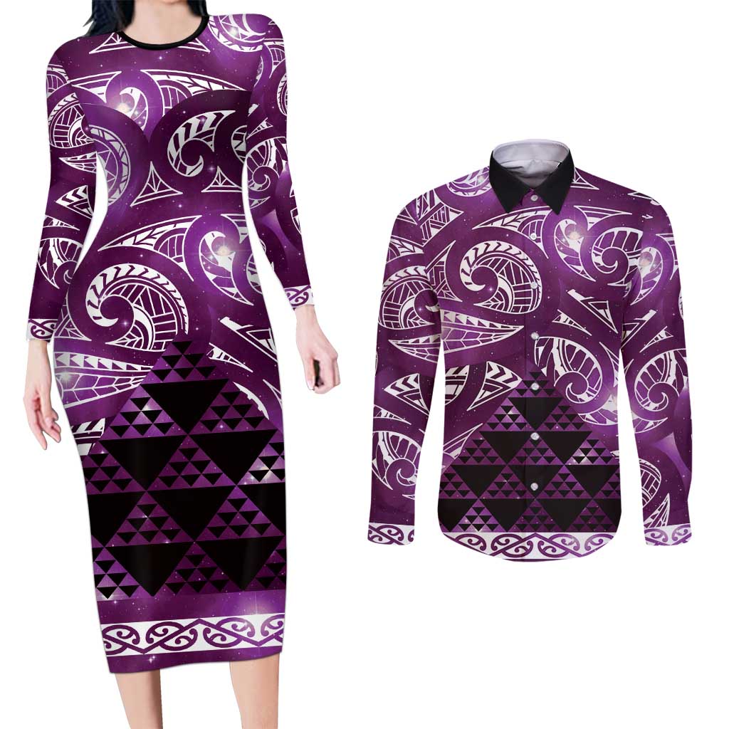 Matariki New Zealand Couples Matching Long Sleeve Bodycon Dress and Long Sleeve Button Shirt NZ Niho Taniwha Maori New Year Purple Galaxy LT14 Purple - Polynesian Pride