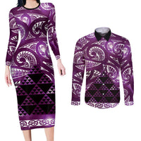 Matariki New Zealand Couples Matching Long Sleeve Bodycon Dress and Long Sleeve Button Shirt NZ Niho Taniwha Maori New Year Purple Galaxy LT14 Purple - Polynesian Pride