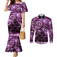 Matariki New Zealand Couples Matching Mermaid Dress and Long Sleeve Button Shirt NZ Niho Taniwha Maori New Year Purple Galaxy LT14 Purple - Polynesian Pride