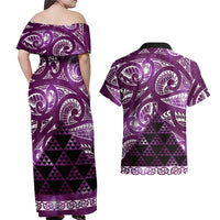 Matariki New Zealand Couples Matching Off Shoulder Maxi Dress and Hawaiian Shirt NZ Niho Taniwha Maori New Year Purple Galaxy LT14 - Polynesian Pride