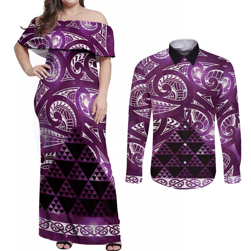 Matariki New Zealand Couples Matching Off Shoulder Maxi Dress and Long Sleeve Button Shirt NZ Niho Taniwha Maori New Year Purple Galaxy LT14 Purple - Polynesian Pride