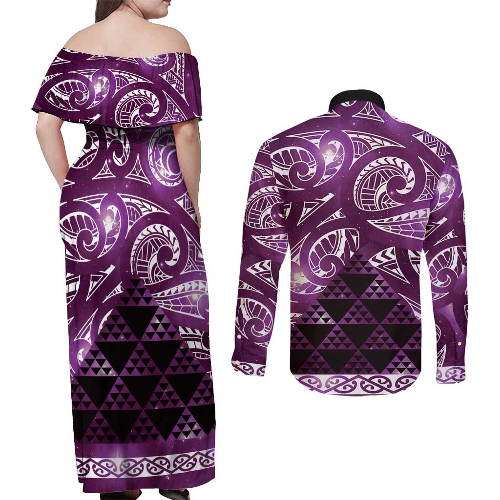 Matariki New Zealand Couples Matching Off Shoulder Maxi Dress and Long Sleeve Button Shirt NZ Niho Taniwha Maori New Year Purple Galaxy LT14 - Polynesian Pride