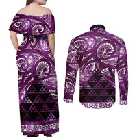 Matariki New Zealand Couples Matching Off Shoulder Maxi Dress and Long Sleeve Button Shirt NZ Niho Taniwha Maori New Year Purple Galaxy LT14 - Polynesian Pride