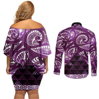 Matariki New Zealand Couples Matching Off Shoulder Short Dress and Long Sleeve Button Shirt NZ Niho Taniwha Maori New Year Purple Galaxy LT14 - Polynesian Pride