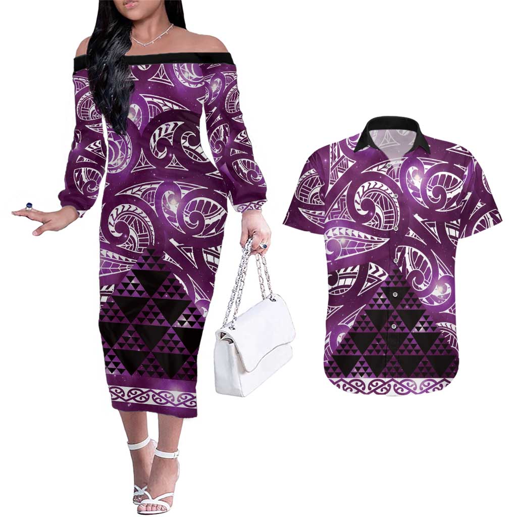 Matariki New Zealand Couples Matching Off The Shoulder Long Sleeve Dress and Hawaiian Shirt NZ Niho Taniwha Maori New Year Purple Galaxy LT14 Purple - Polynesian Pride