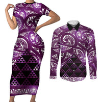 Matariki New Zealand Couples Matching Short Sleeve Bodycon Dress and Long Sleeve Button Shirt NZ Niho Taniwha Maori New Year Purple Galaxy LT14 Purple - Polynesian Pride