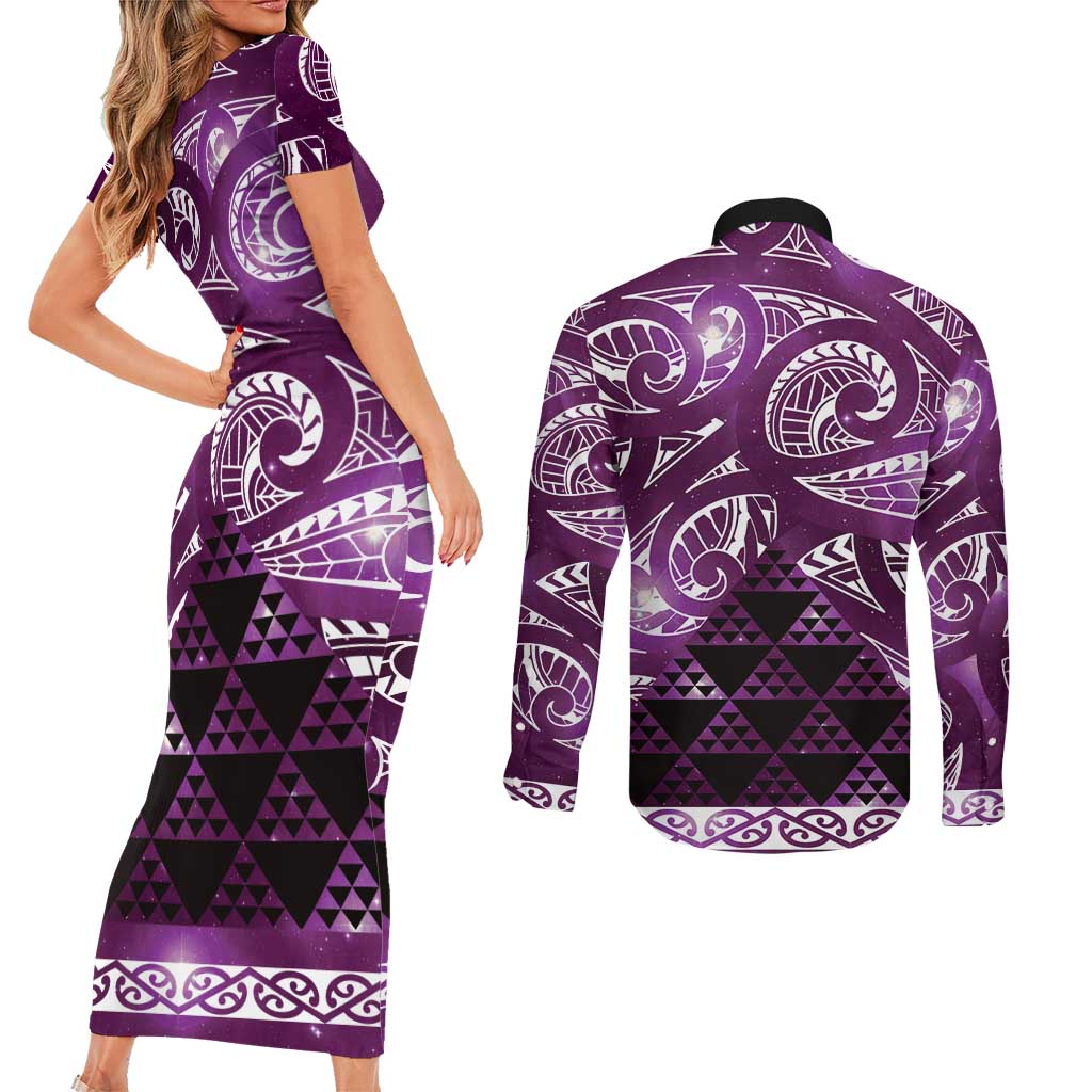 Matariki New Zealand Couples Matching Short Sleeve Bodycon Dress and Long Sleeve Button Shirt NZ Niho Taniwha Maori New Year Purple Galaxy LT14 - Polynesian Pride