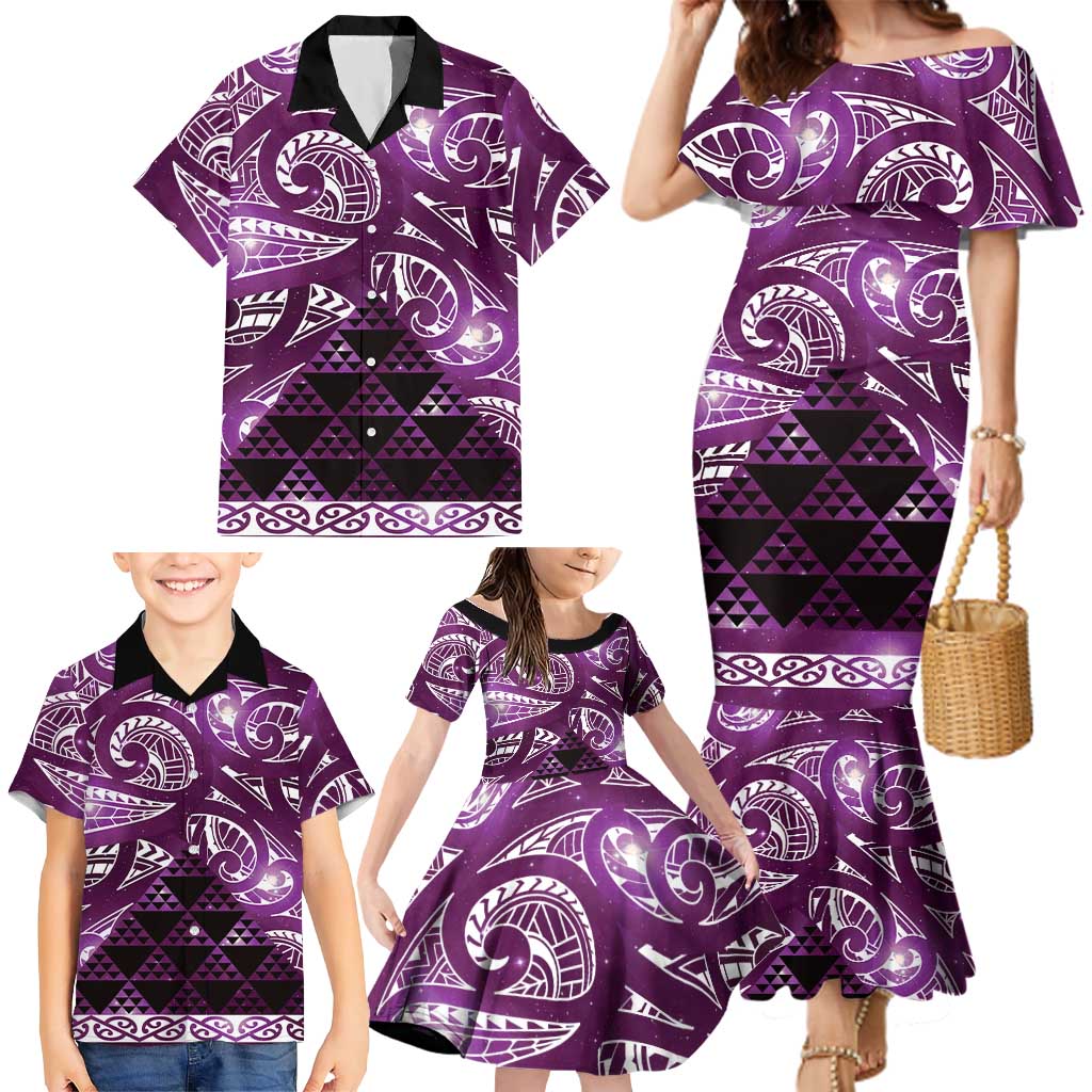 Matariki New Zealand Family Matching Mermaid Dress and Hawaiian Shirt NZ Niho Taniwha Maori New Year Purple Galaxy