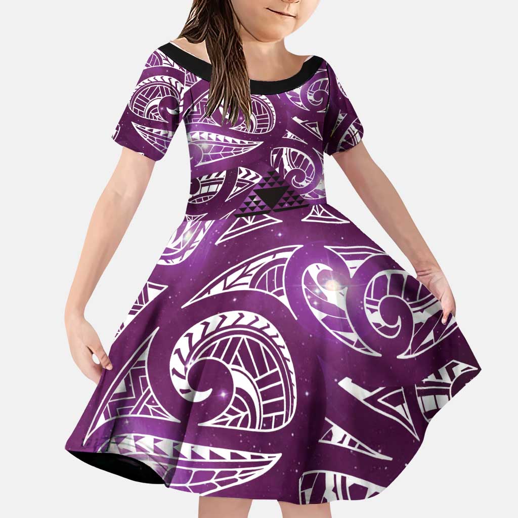 Matariki New Zealand Family Matching Off The Shoulder Long Sleeve Dress and Hawaiian Shirt NZ Niho Taniwha Maori New Year Purple Galaxy LT14 Daughter's Dress Purple - Polynesian Pride