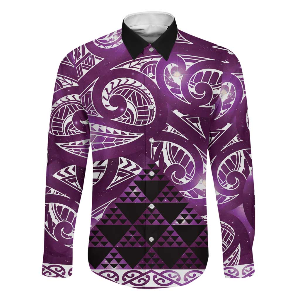 Matariki New Zealand Family Matching Off Shoulder Maxi Dress and Hawaiian Shirt NZ Niho Taniwha Maori New Year Purple Galaxy LT14 Dad's Shirt - Long Sleeve Purple - Polynesian Pride