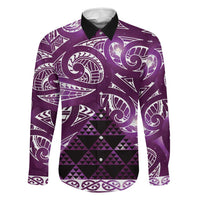 Matariki New Zealand Family Matching Off Shoulder Maxi Dress and Hawaiian Shirt NZ Niho Taniwha Maori New Year Purple Galaxy LT14 Dad's Shirt - Long Sleeve Purple - Polynesian Pride