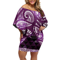 Matariki New Zealand Family Matching Off Shoulder Short Dress and Hawaiian Shirt NZ Niho Taniwha Maori New Year Purple Galaxy LT14 Mom's Dress Purple - Polynesian Pride