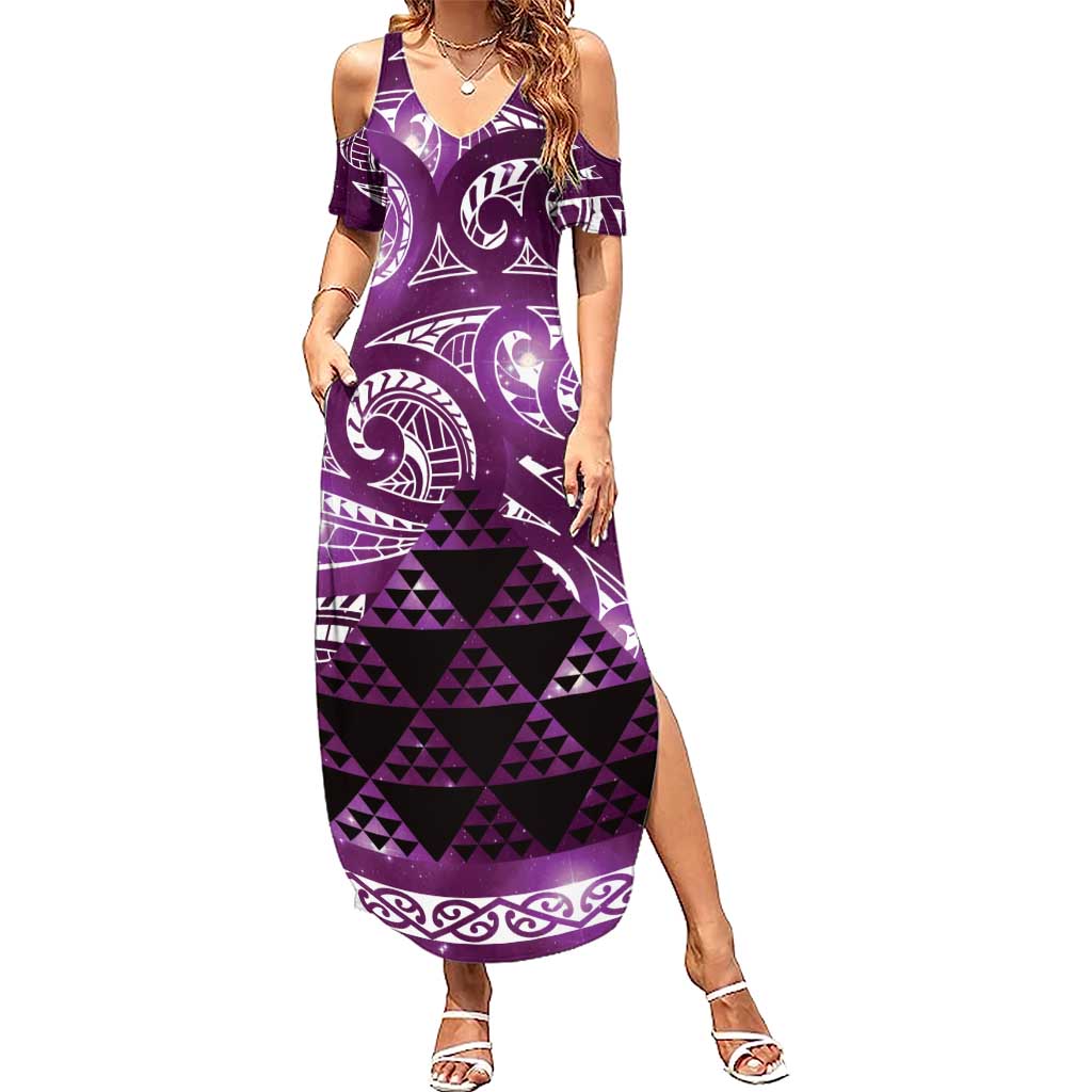 Matariki New Zealand Family Matching Summer Maxi Dress and Hawaiian Shirt NZ Niho Taniwha Maori New Year Purple Galaxy LT14 Mom's Dress Purple - Polynesian Pride