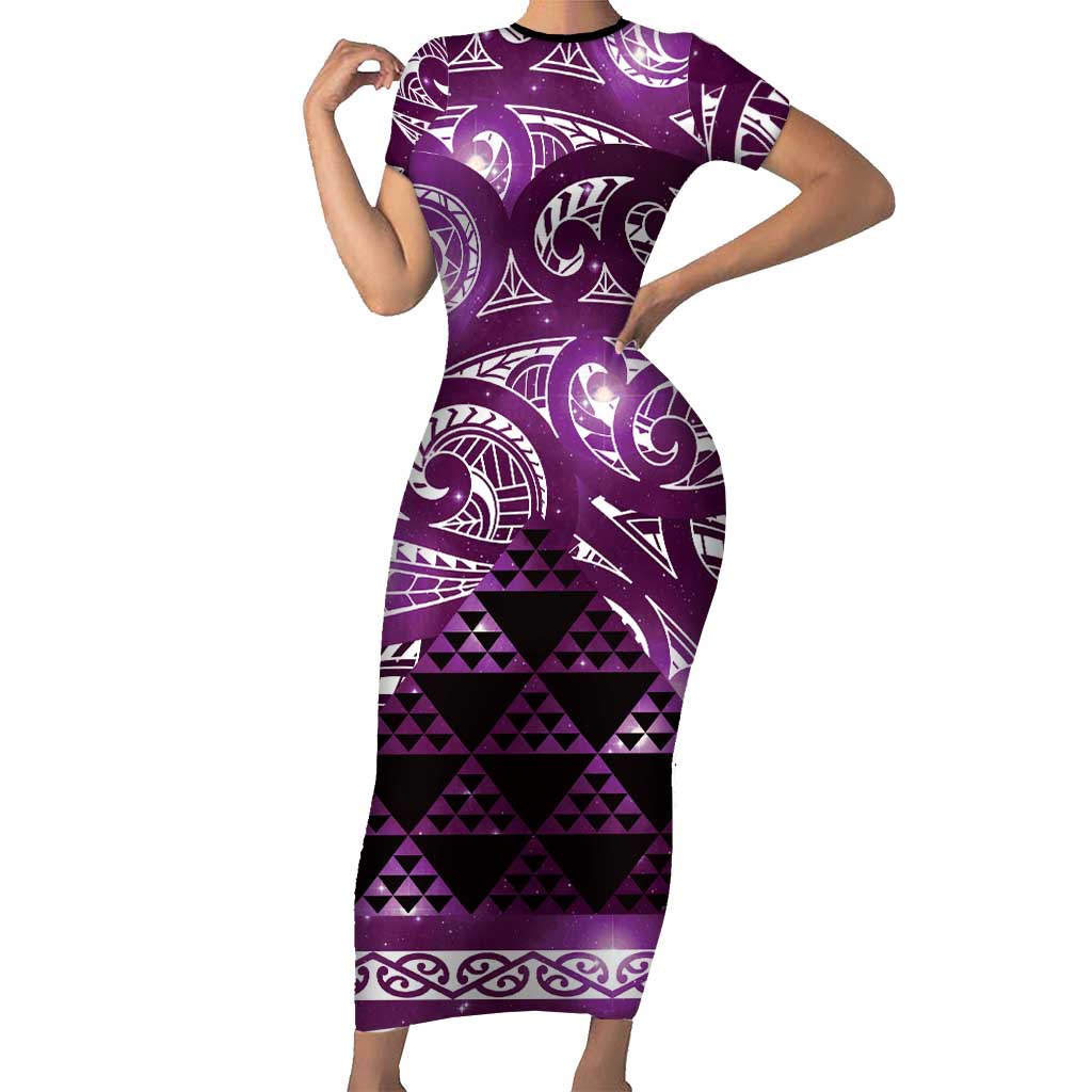 Matariki New Zealand Short Sleeve Bodycon Dress NZ Niho Taniwha Maori New Year Purple Galaxy LT14 Long Dress Purple - Polynesian Pride
