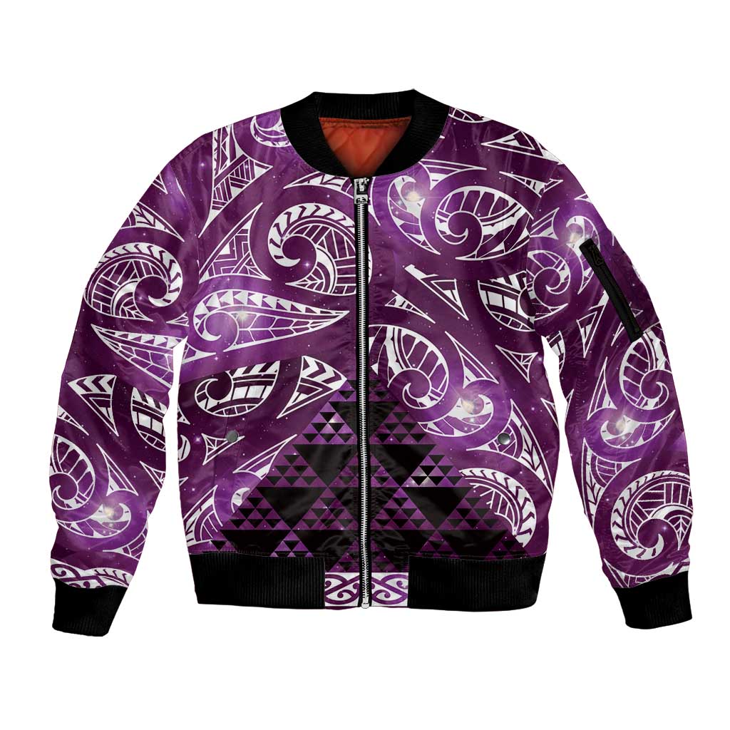 Matariki New Zealand Sleeve Zip Bomber Jacket NZ Niho Taniwha Maori New Year Purple Galaxy