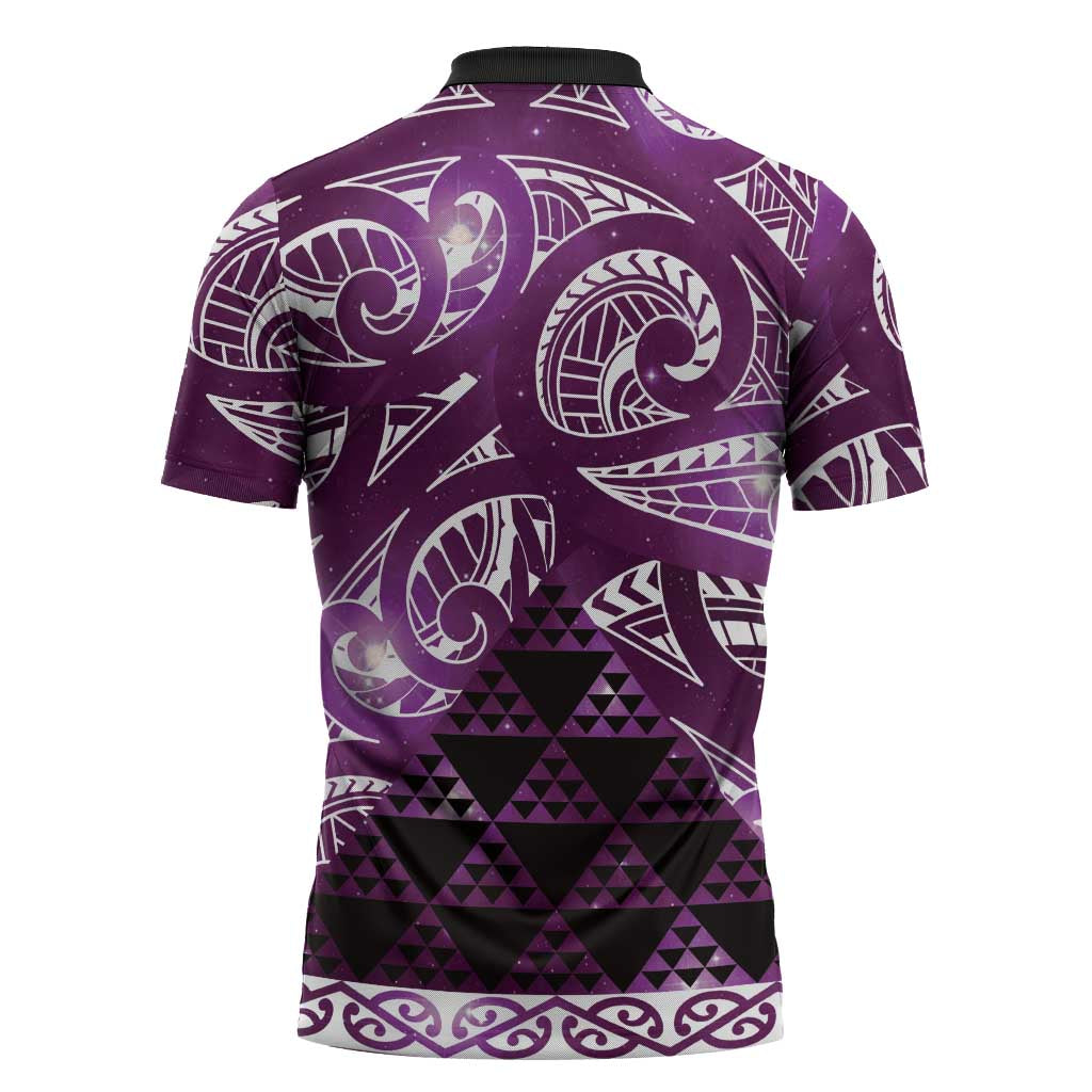 Matariki New Zealand Zipper Polo Shirt NZ Niho Taniwha Maori New Year Purple Galaxy LT14 - Polynesian Pride