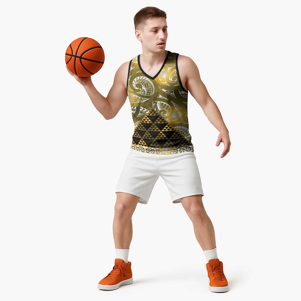 Matariki New Zealand Basketball Jersey NZ Niho Taniwha Maori New Year Yellow Galaxy LT14 - Polynesian Pride