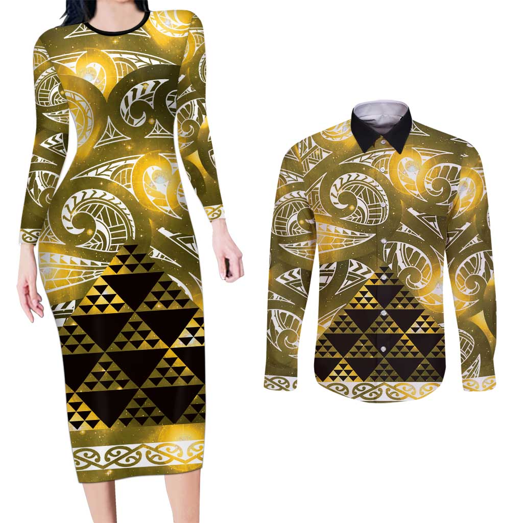 Matariki New Zealand Couples Matching Long Sleeve Bodycon Dress and Long Sleeve Button Shirt NZ Niho Taniwha Maori New Year Yellow Galaxy LT14 Yellow - Polynesian Pride