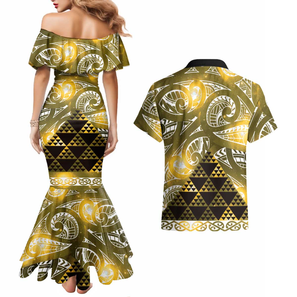 Matariki New Zealand Couples Matching Mermaid Dress and Hawaiian Shirt NZ Niho Taniwha Maori New Year Yellow Galaxy LT14 - Polynesian Pride