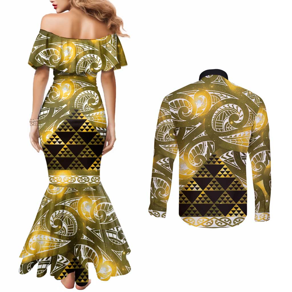 Matariki New Zealand Couples Matching Mermaid Dress and Long Sleeve Button Shirt NZ Niho Taniwha Maori New Year Yellow Galaxy LT14 - Polynesian Pride