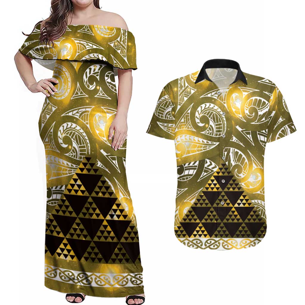 Matariki New Zealand Couples Matching Off Shoulder Maxi Dress and Hawaiian Shirt NZ Niho Taniwha Maori New Year Yellow Galaxy