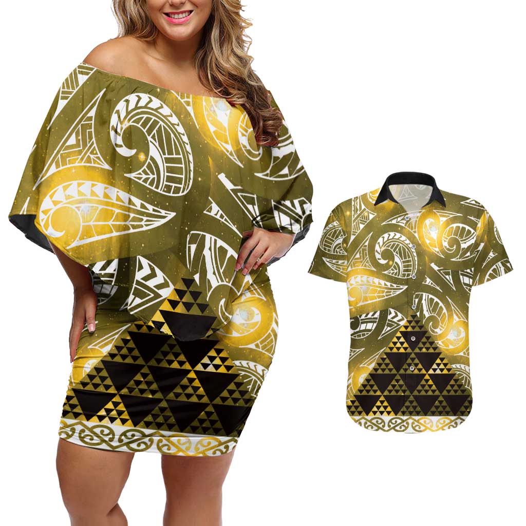 Matariki New Zealand Couples Matching Off Shoulder Short Dress and Hawaiian Shirt NZ Niho Taniwha Maori New Year Yellow Galaxy LT14 Yellow - Polynesian Pride