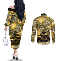 Matariki New Zealand Couples Matching Off The Shoulder Long Sleeve Dress and Long Sleeve Button Shirt NZ Niho Taniwha Maori New Year Yellow Galaxy LT14 - Polynesian Pride