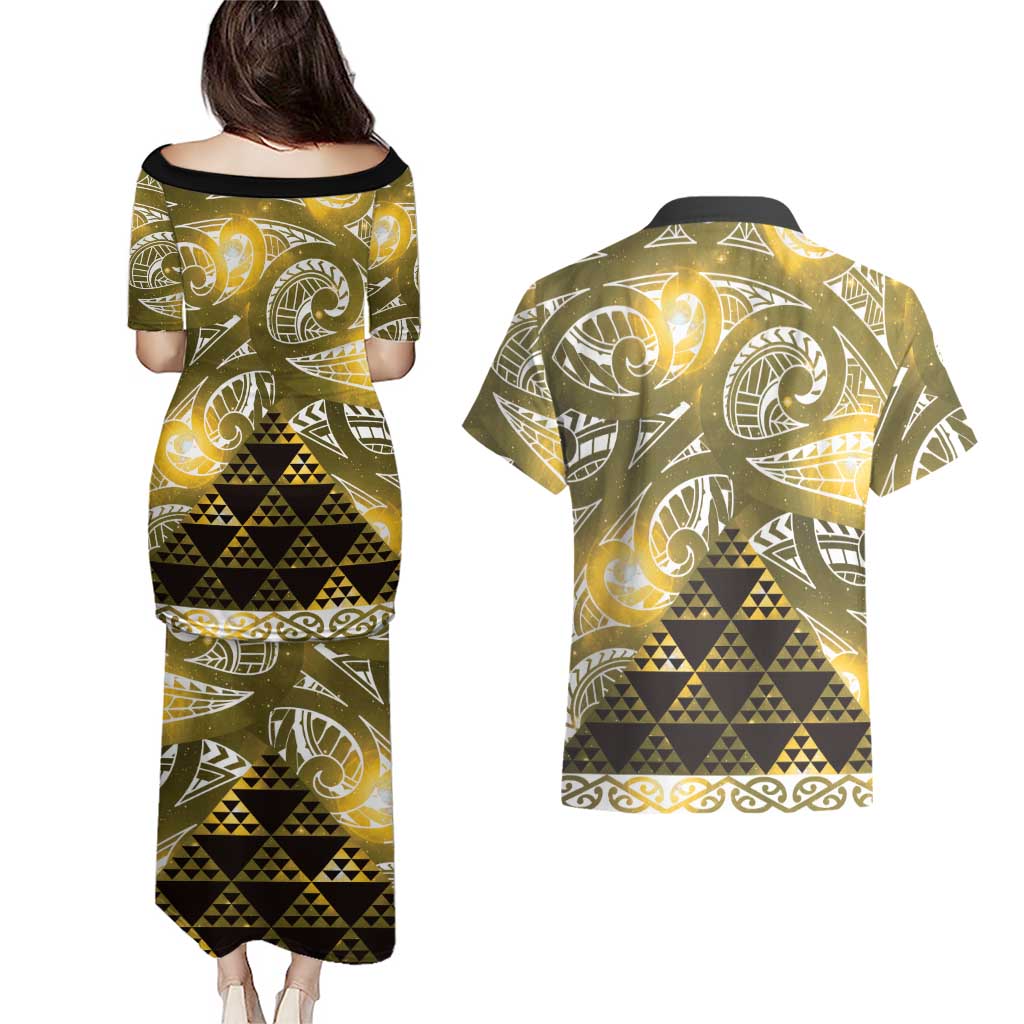 Matariki New Zealand Couples Matching Puletasi and Hawaiian Shirt NZ Niho Taniwha Maori New Year Yellow Galaxy LT14 - Polynesian Pride