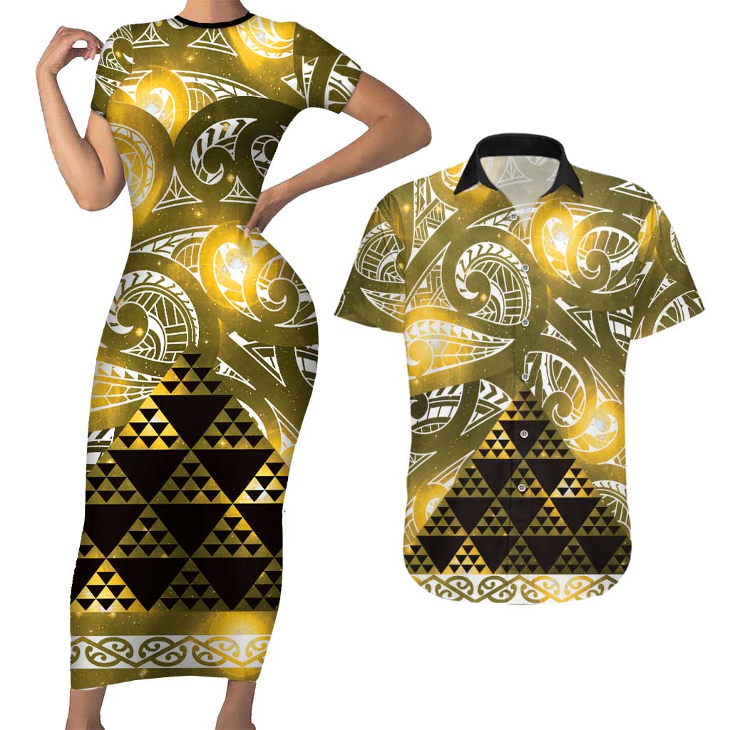 Matariki New Zealand Couples Matching Short Sleeve Bodycon Dress and Hawaiian Shirt NZ Niho Taniwha Maori New Year Yellow Galaxy
