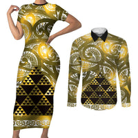 Matariki New Zealand Couples Matching Short Sleeve Bodycon Dress and Long Sleeve Button Shirt NZ Niho Taniwha Maori New Year Yellow Galaxy LT14 Yellow - Polynesian Pride
