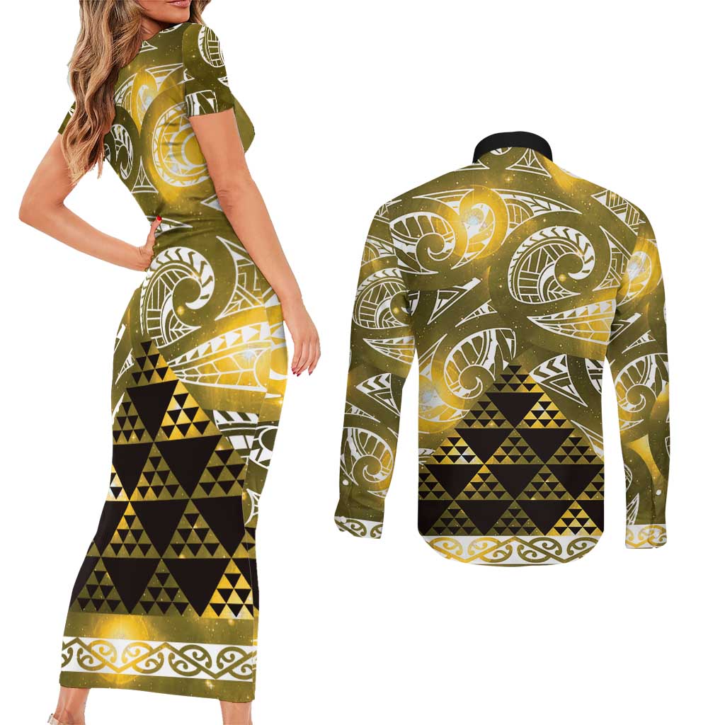 Matariki New Zealand Couples Matching Short Sleeve Bodycon Dress and Long Sleeve Button Shirt NZ Niho Taniwha Maori New Year Yellow Galaxy LT14 - Polynesian Pride