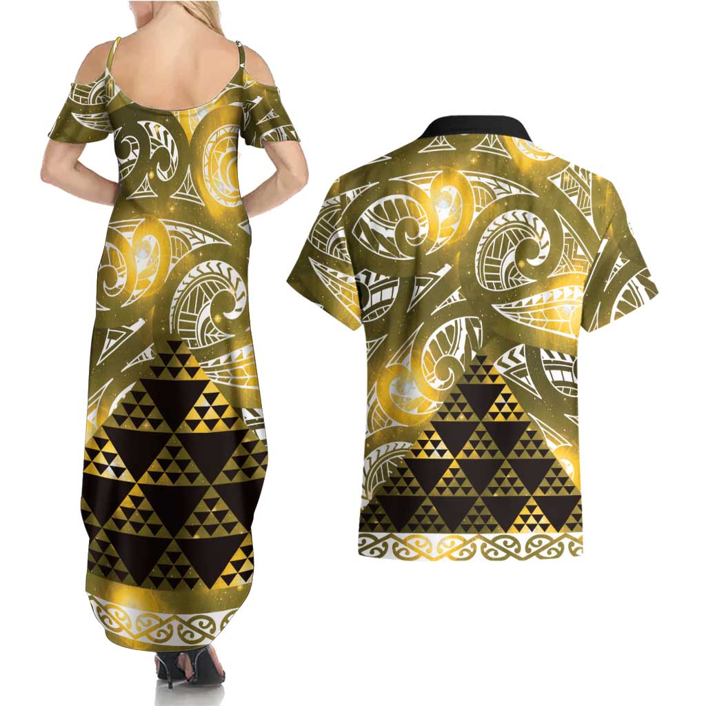 Matariki New Zealand Couples Matching Summer Maxi Dress and Hawaiian Shirt NZ Niho Taniwha Maori New Year Yellow Galaxy LT14 - Polynesian Pride