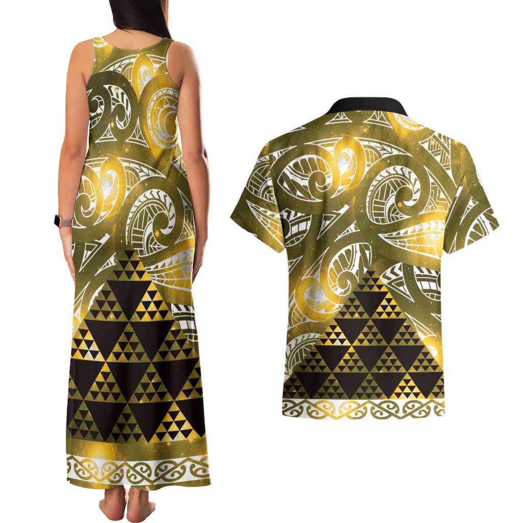 Matariki New Zealand Couples Matching Tank Maxi Dress and Hawaiian Shirt NZ Niho Taniwha Maori New Year Yellow Galaxy LT14 - Polynesian Pride