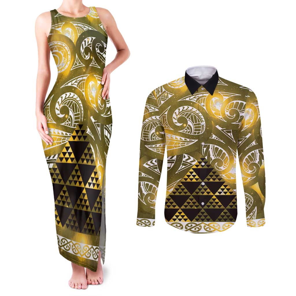 Matariki New Zealand Couples Matching Tank Maxi Dress and Long Sleeve Button Shirt NZ Niho Taniwha Maori New Year Yellow Galaxy LT14 Yellow - Polynesian Pride