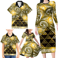 Matariki New Zealand Family Matching Long Sleeve Bodycon Dress and Hawaiian Shirt NZ Niho Taniwha Maori New Year Yellow Galaxy LT14 - Polynesian Pride