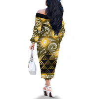 Matariki New Zealand Family Matching Off The Shoulder Long Sleeve Dress and Hawaiian Shirt NZ Niho Taniwha Maori New Year Yellow Galaxy LT14 - Polynesian Pride
