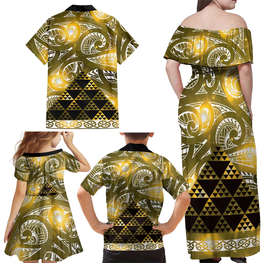 Matariki New Zealand Family Matching Off Shoulder Maxi Dress and Hawaiian Shirt NZ Niho Taniwha Maori New Year Yellow Galaxy LT14 - Polynesian Pride